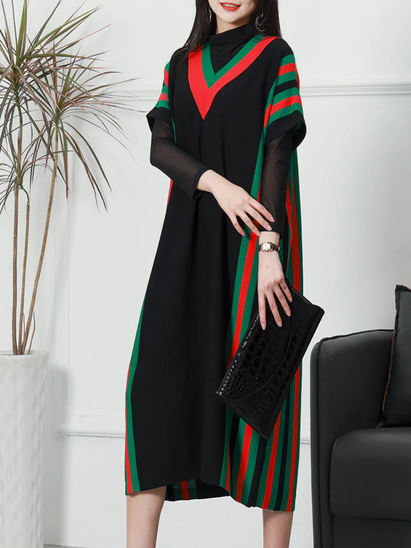 Summer New Stylish Striped Long Bat Sleeve Knitted Midi-Dress - Image 2