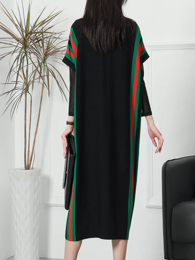 Summer New Stylish Striped Long Bat Sleeve Knitted Midi-Dress - Image 4