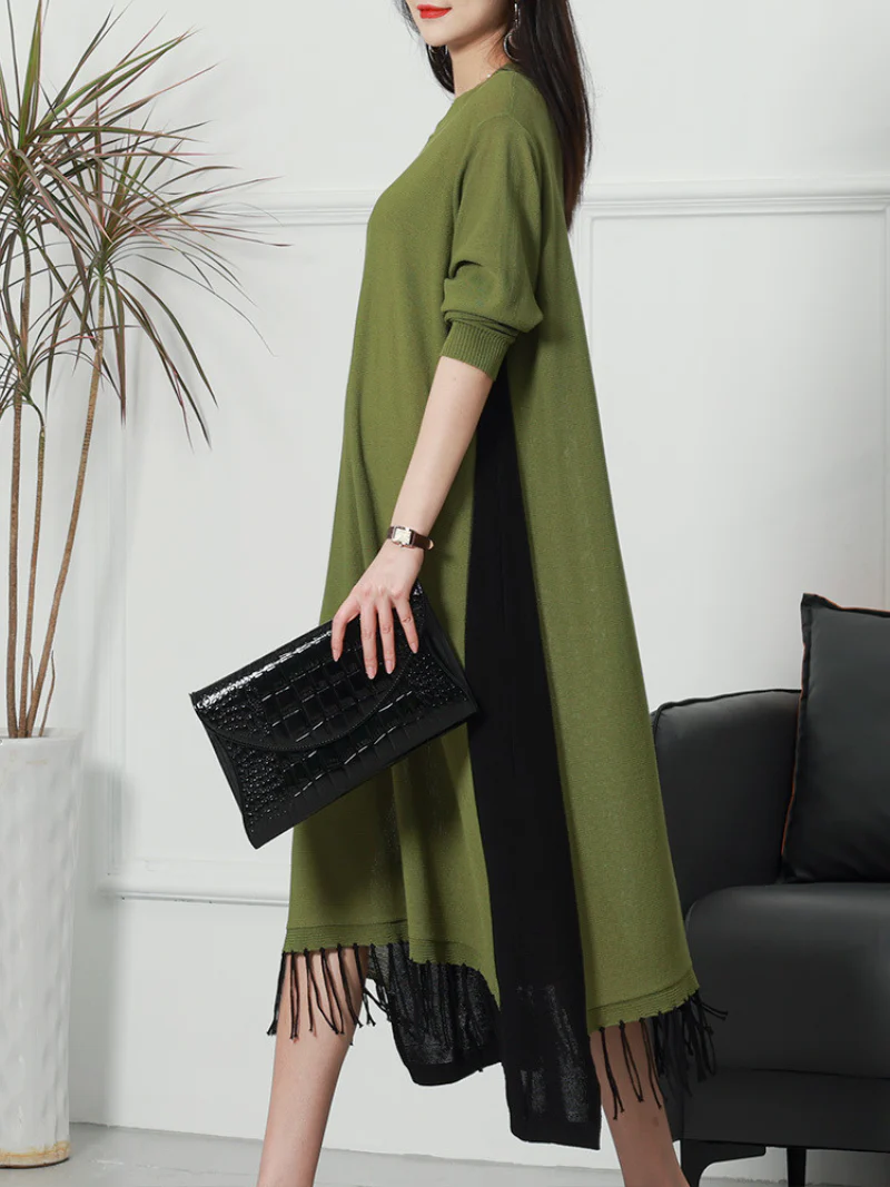 Female Knitted Long Sleeves Round Neck Middle Waist Midi-Dress - Image 2