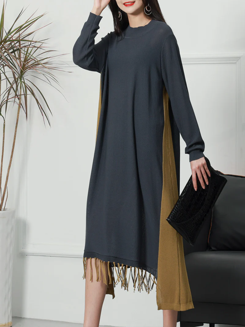 Female Knitted Long Sleeves Round Neck Middle Waist Midi-Dress - Image 3