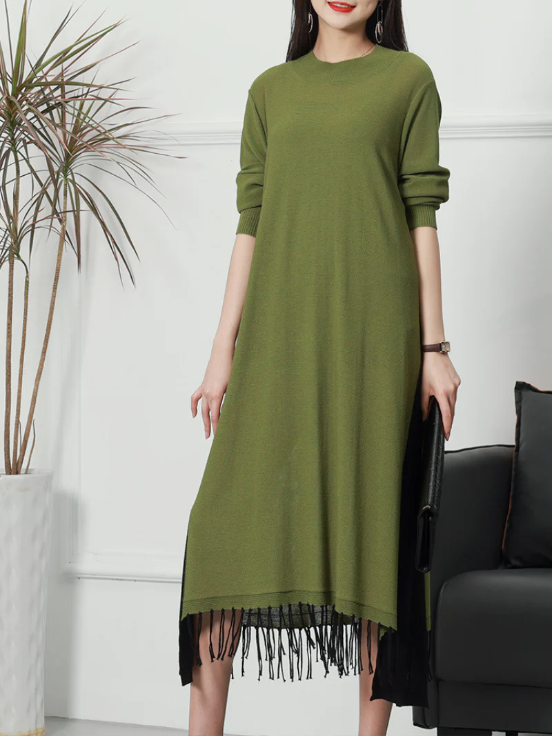 Female Knitted Long Sleeves Round Neck Middle Waist Midi-Dress - Image 5