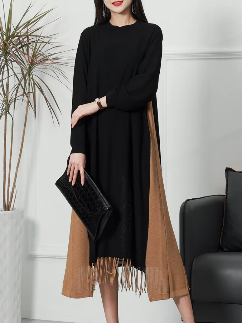 Female Knitted Long Sleeves Round Neck Middle Waist Midi-Dress - Image 8