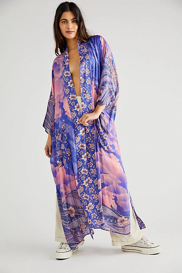 Summer Partywear Floral With Moon Print Purple  Color Silk Long Length Gown Kimono Duster Robe - Image 3