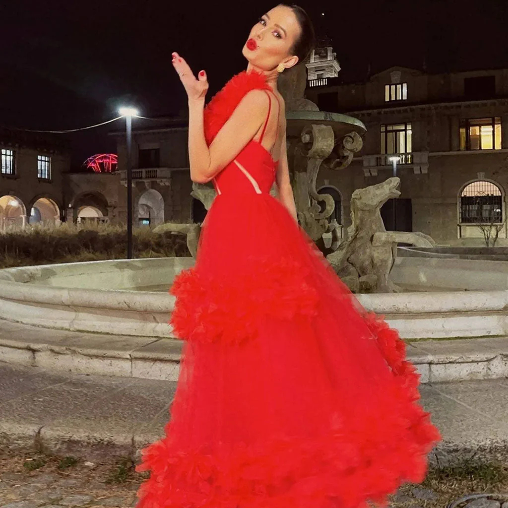Exaggerated 3D Floral Applique Tulle One Shoulder Fit and Flare Gown Maxi Dress - Image 3