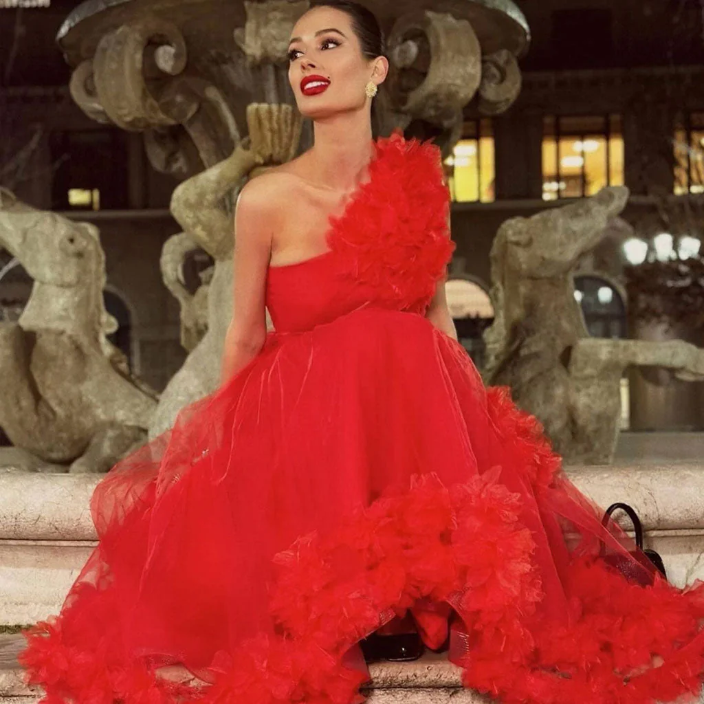 Exaggerated 3D Floral Applique Tulle One Shoulder Fit and Flare Gown Maxi Dress - Image 4
