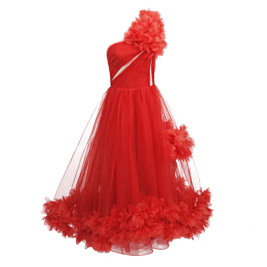Exaggerated 3D Floral Applique Tulle One Shoulder Fit and Flare Gown Maxi Dress - Image 5