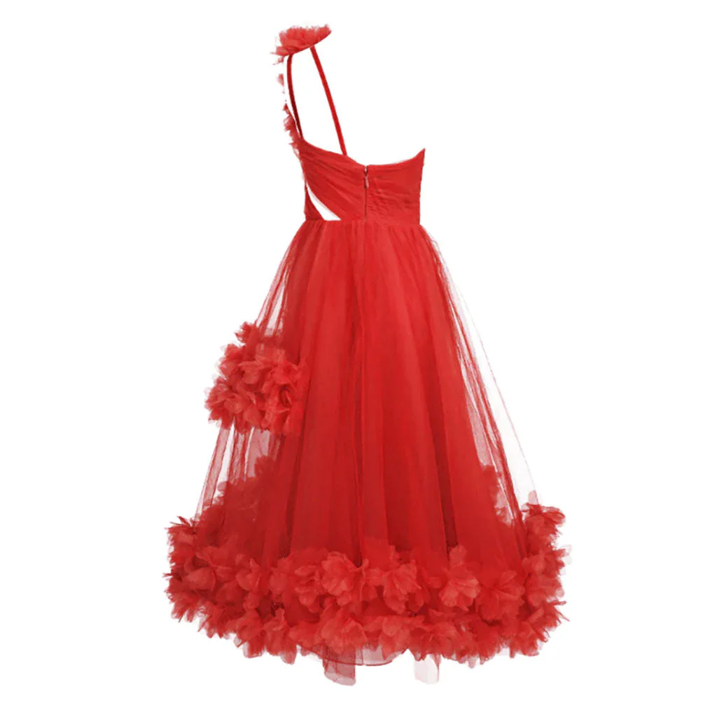 Exaggerated 3D Floral Applique Tulle One Shoulder Fit and Flare Gown Maxi Dress - Image 6