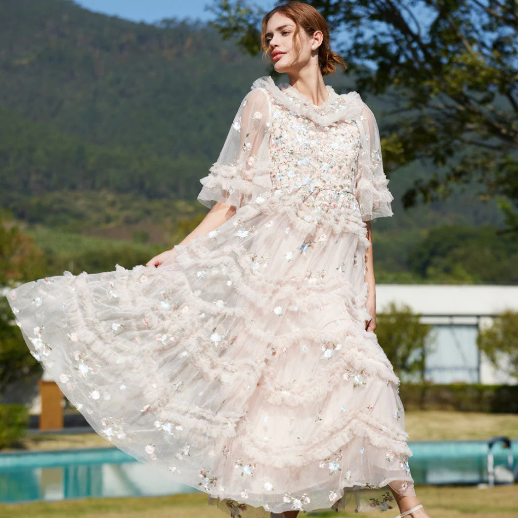 Exquisite Bell Sleeve Summer Tiered Ruffle Embroidered Floral Tulle Maxi Dress - Image 2