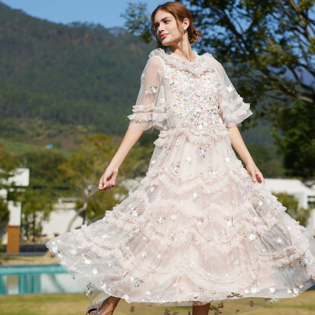 Exquisite Bell Sleeve Summer Tiered Ruffle Embroidered Floral Tulle Maxi Dress - Image 3
