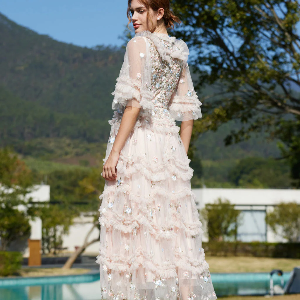 Exquisite Bell Sleeve Summer Tiered Ruffle Embroidered Floral Tulle Maxi Dress - Image 4