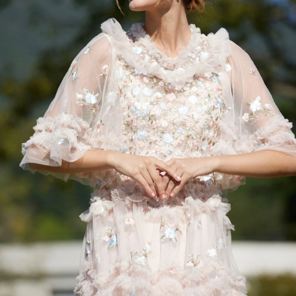 Exquisite Bell Sleeve Summer Tiered Ruffle Embroidered Floral Tulle Maxi Dress - Image 5