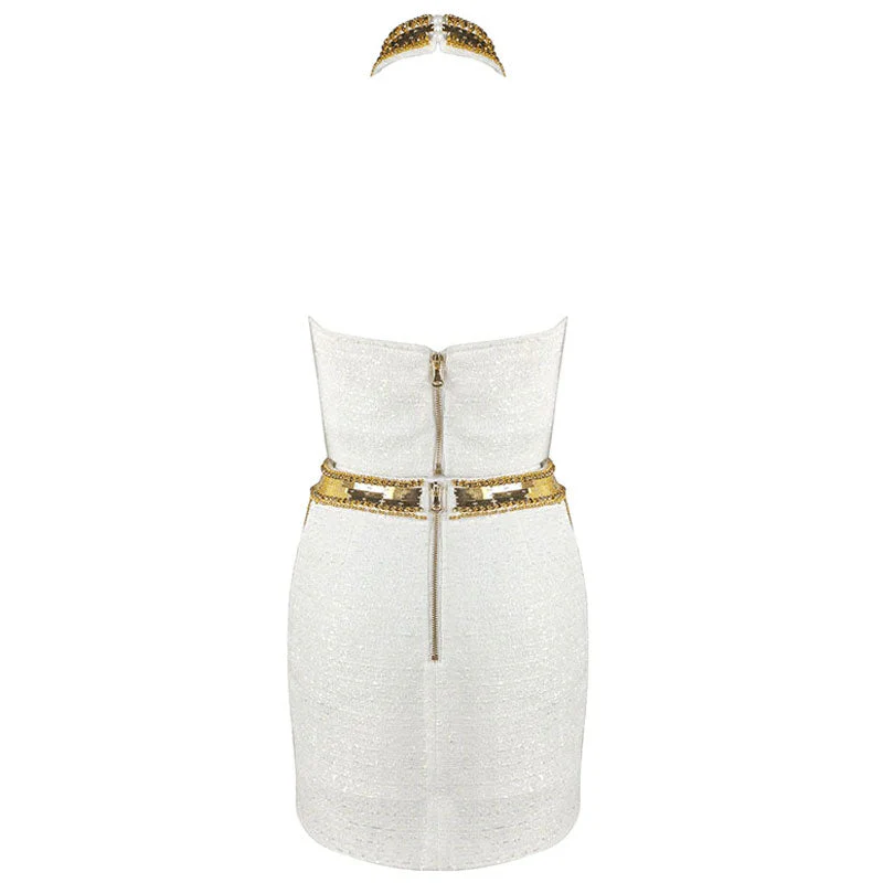 Exquisite Golden Tone Sequin Beaded Halter Neck Cropped Tweed Top - Image 6