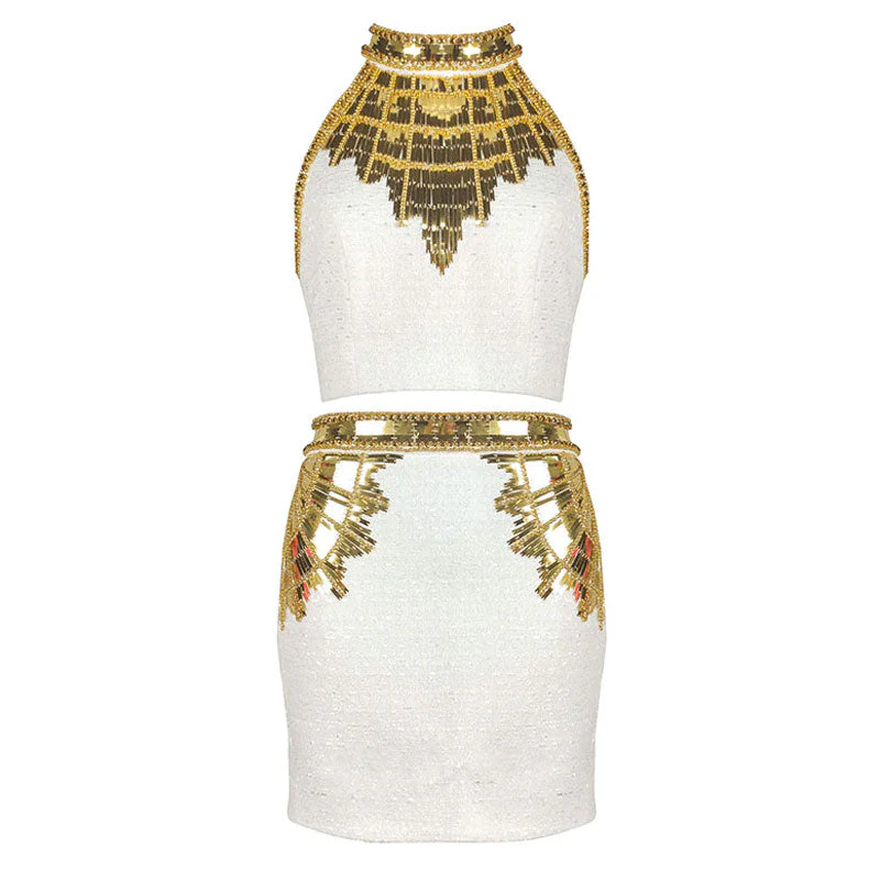 Exquisite Golden Tone Sequin Beaded High Waist Bodycon Tweed Mini Skirt - Image 6