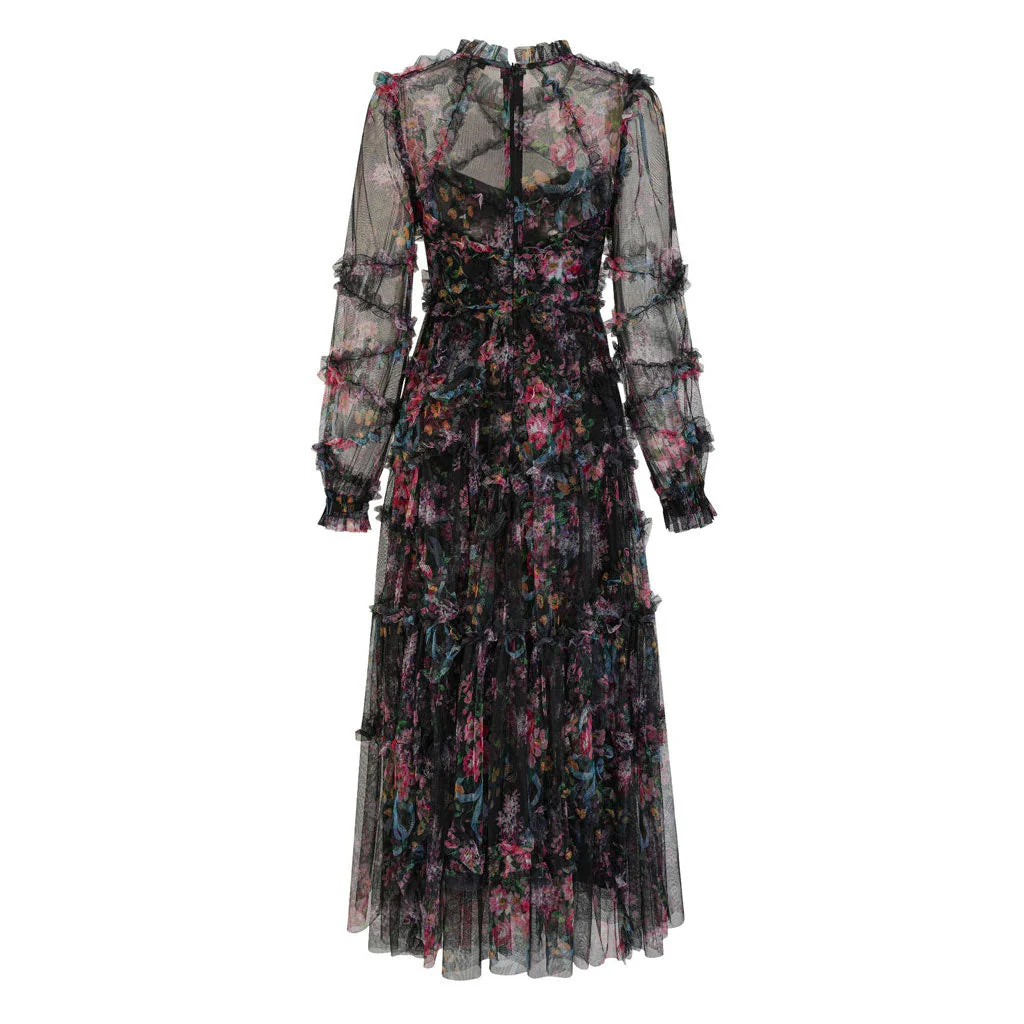 Exquisite Ruffled Mock Neck Long Sleeve Floral Gauze Tiered Maxi Dress - Image 2