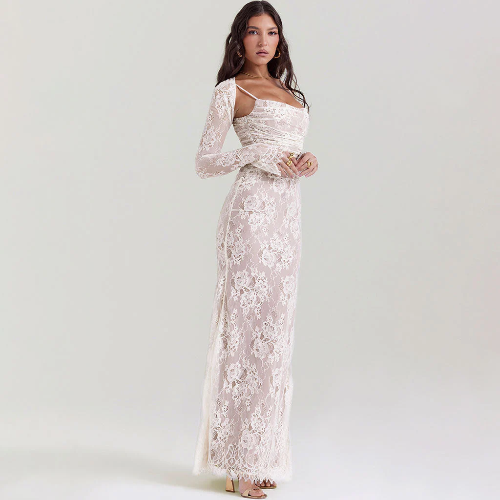Exquisite Shrug Spaghetti Strap Sleeveless Ruched Evening Maxi Floral Lace Dress - Image 2