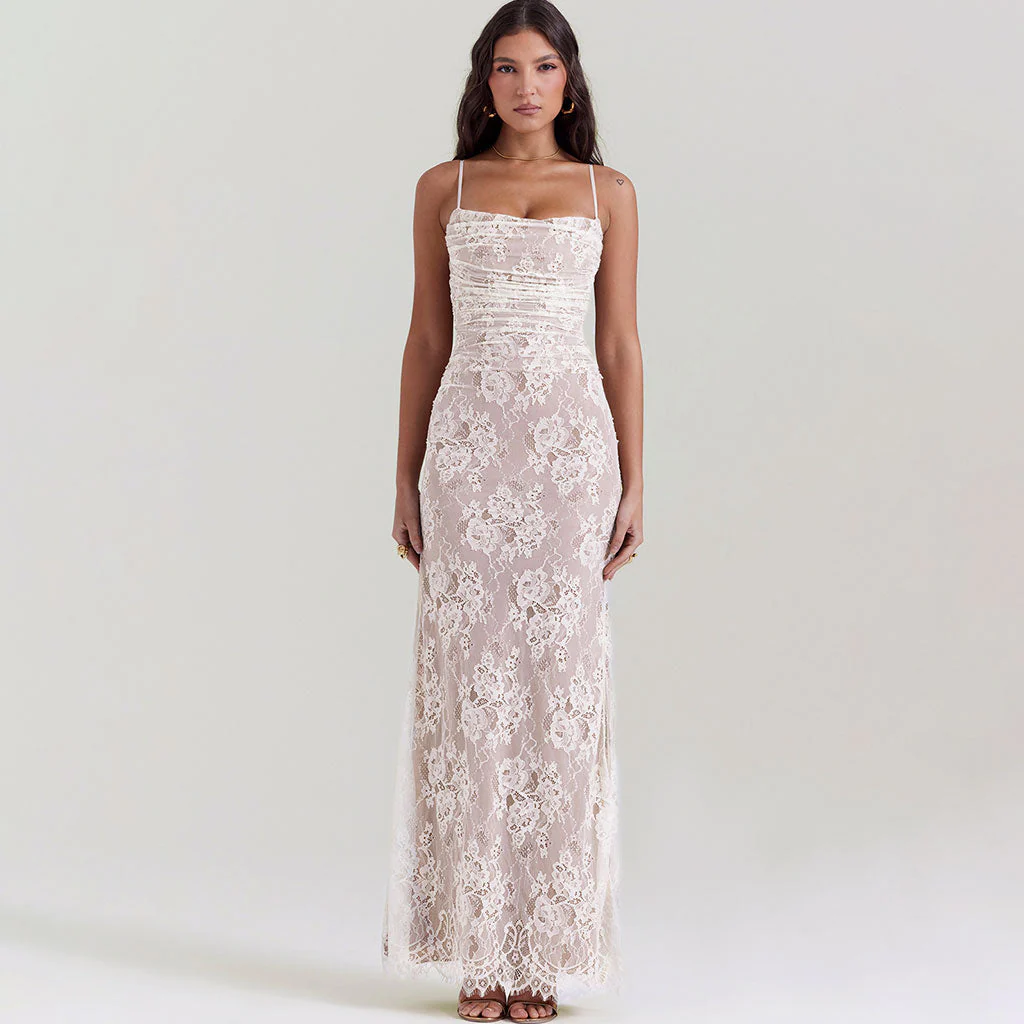 Exquisite Shrug Spaghetti Strap Sleeveless Ruched Evening Maxi Floral Lace Dress - Image 3