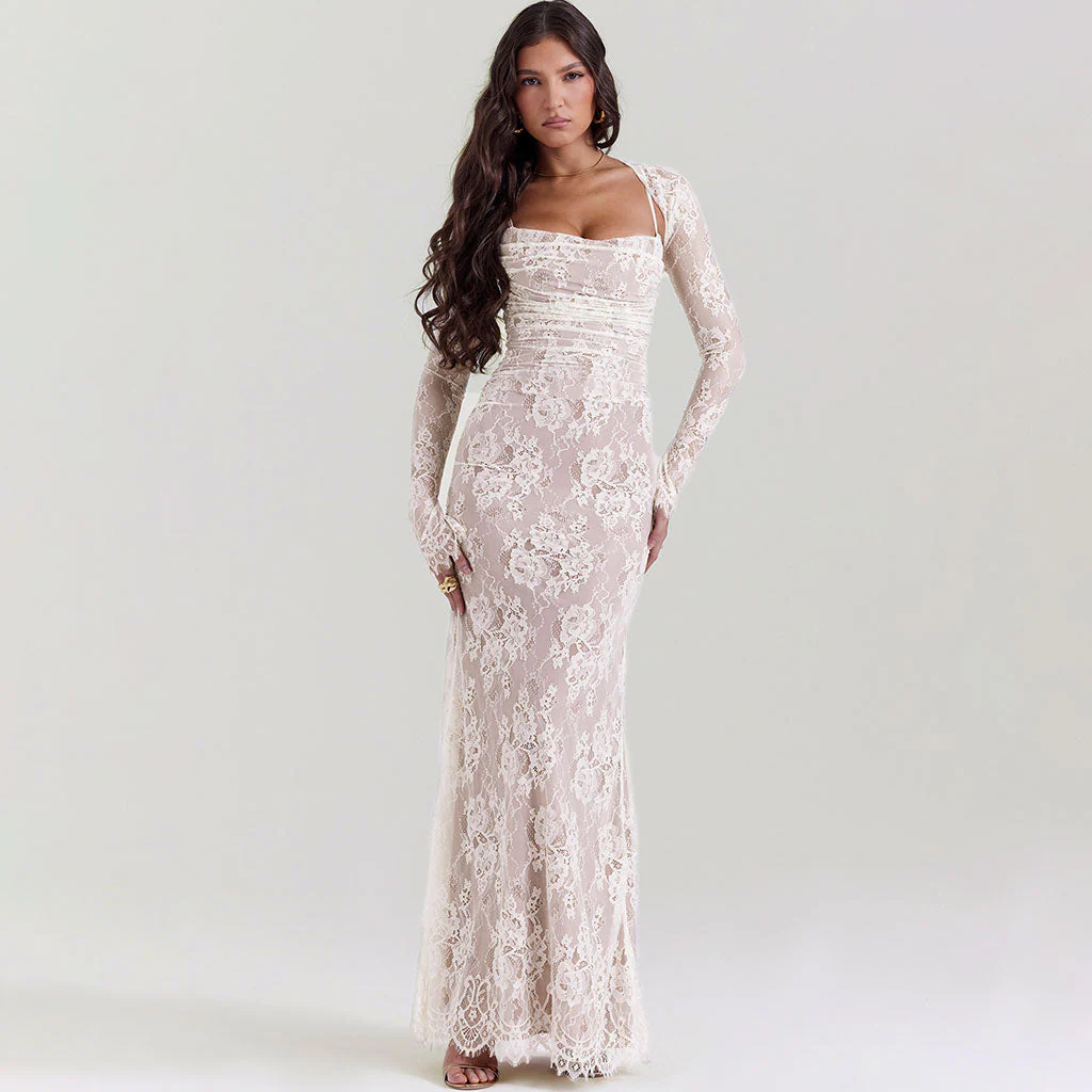 Exquisite Shrug Spaghetti Strap Sleeveless Ruched Evening Maxi Floral Lace Dress - Image 5
