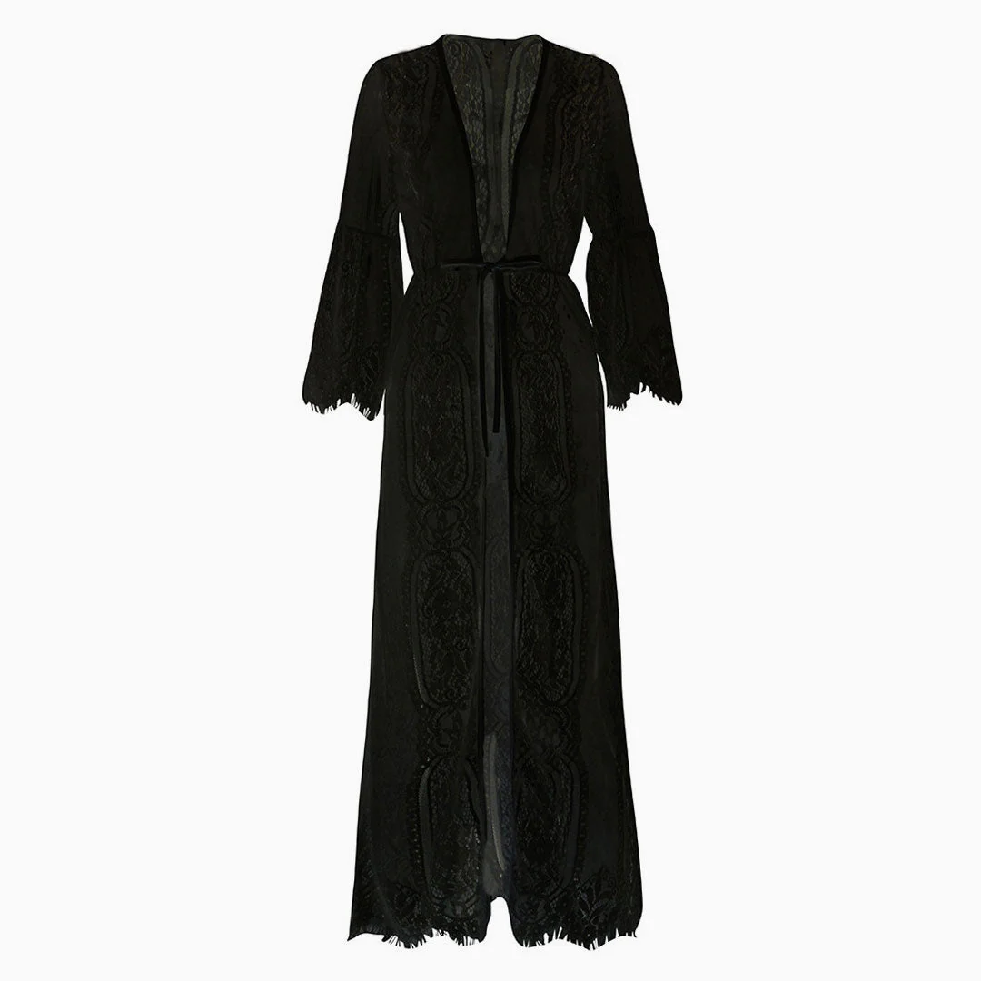 Sweet Eyelash Lace Half Sleeve Tie Front Maxi Cover Up - Black - Image 3