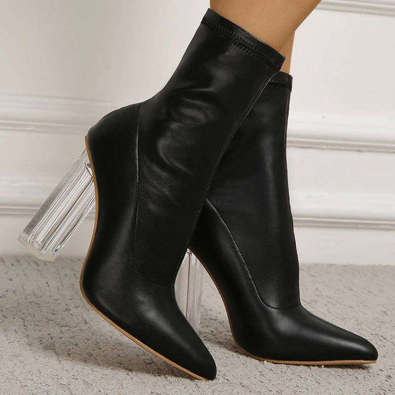 Fabulous Pointed Toe Faux Leather Clear High Heel Sock Ankle Boots - Black - Image 4