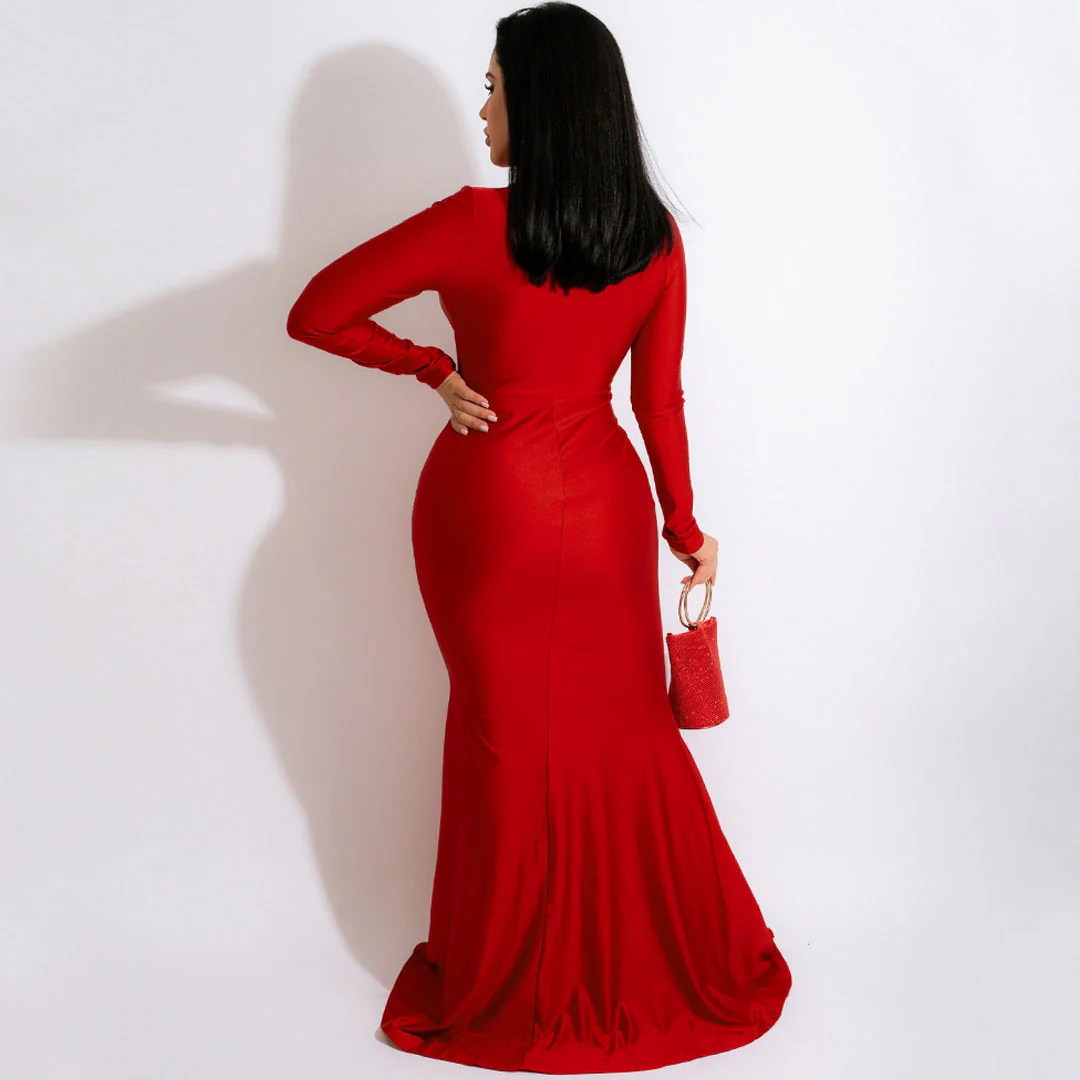 Fabulous Ruched Deep V Long Sleeve Split Trim Fishtail Formal Maxi Dress - Red - Image 2