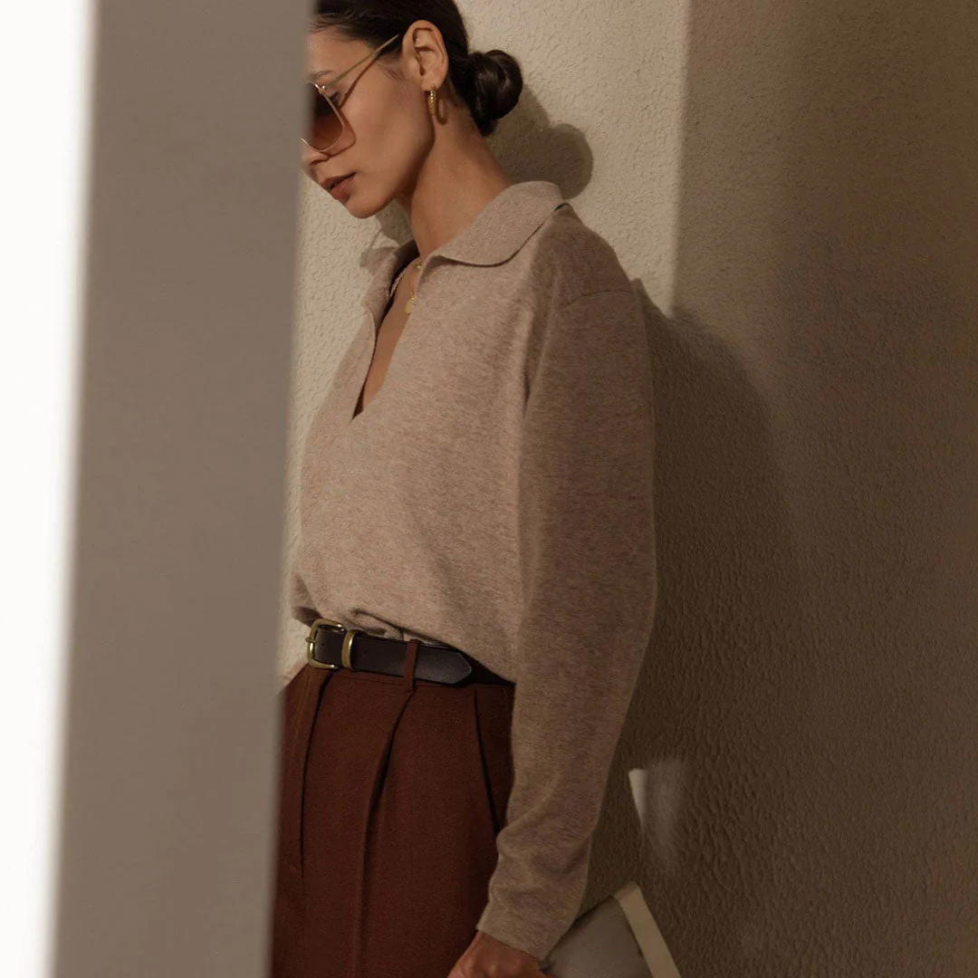Fabulous Solid Color Collared V Neck Long Sleeve Sweater - Apricot - Image 3