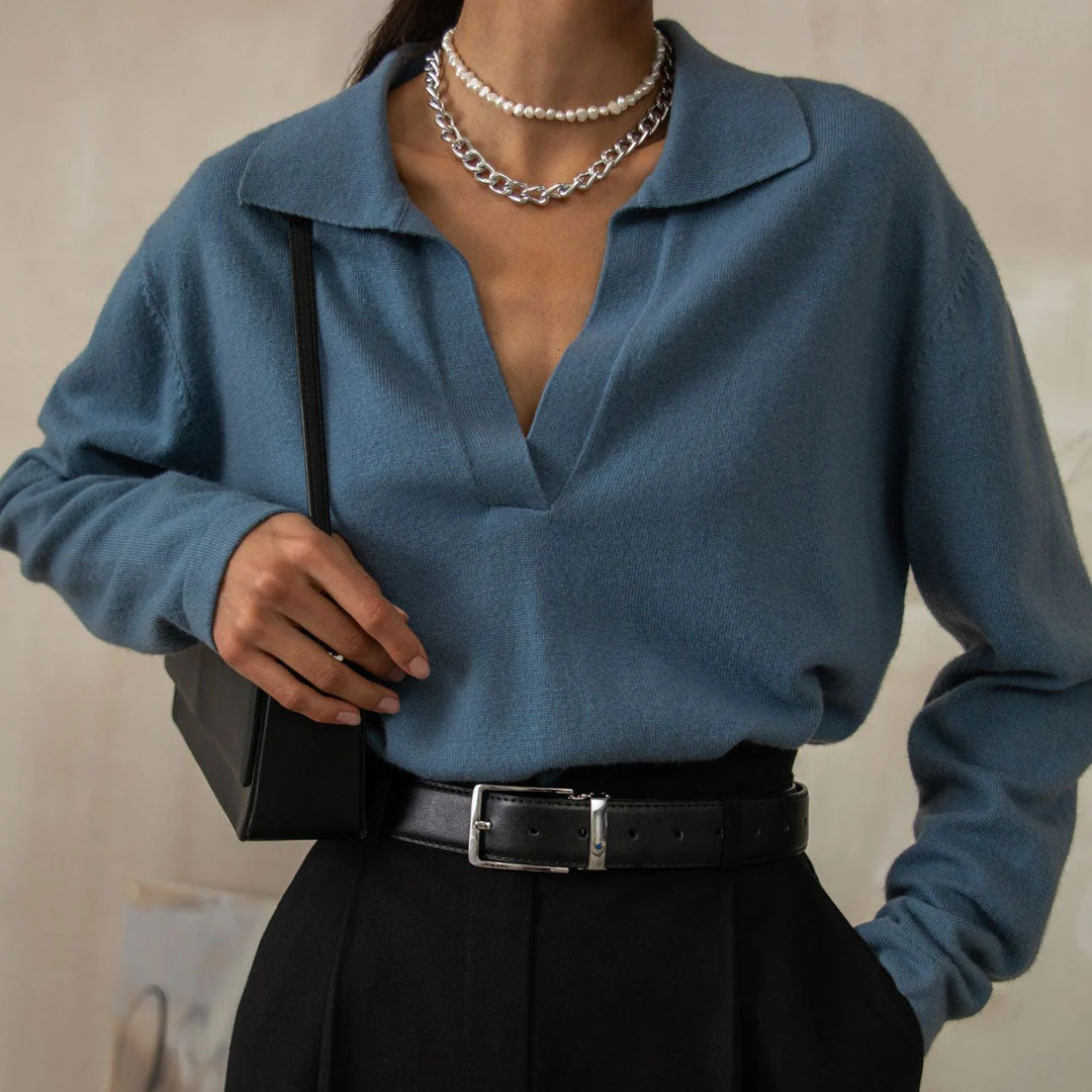 Fabulous Solid Color Collared V Neck Long Sleeve Sweater - Blue - Image 3