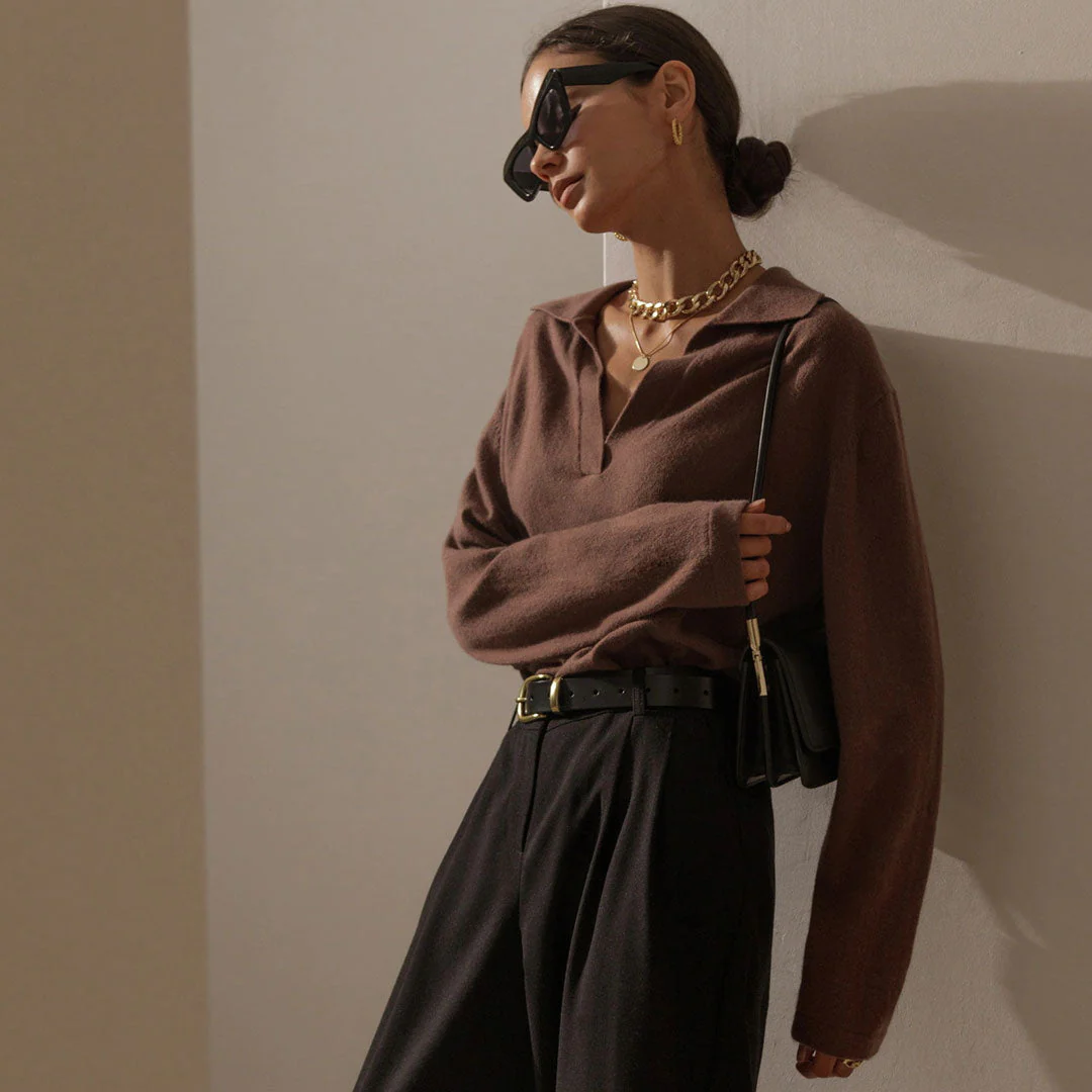 Fabulous Solid Color Collared V Neck Long Sleeve Sweater - Coffee - Image 2