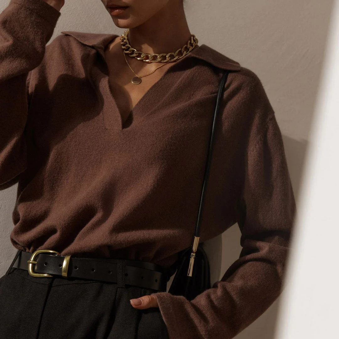 Fabulous Solid Color Collared V Neck Long Sleeve Sweater - Coffee - Image 3