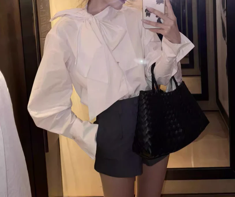 Fabulous Solid Color Ruched Bow Tie Trim High Neck Long Sleeve Blouse - White - Image 3