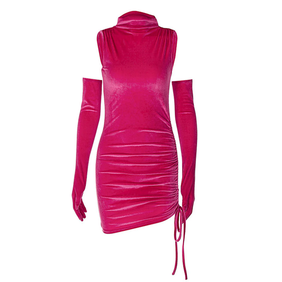 Fabulous Velvet Glove High Neck Ruched Bodycon Party Mini Dress - Hot Pink - Image 3