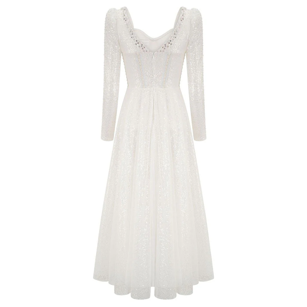 Fairy Sweetheart Neck Sheer Puff Sleeve Corset Sequin Midi Tulle Dress - Image 6