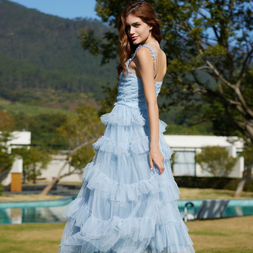 Fairy V Neck Suspender Strap Fit Waist Sleeveless Ruffle Tier Layered Maxi Dress - Image 2