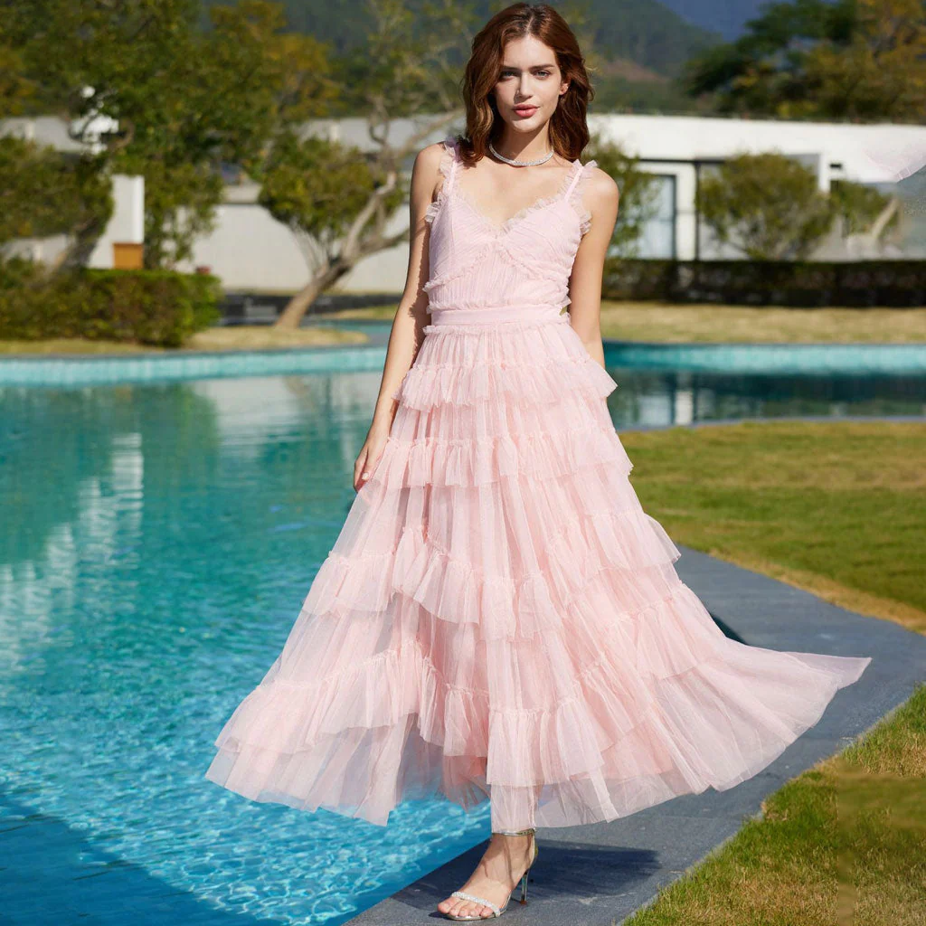Fairy V Neck Suspender Strap Fit Waist Sleeveless Ruffle Tier Layered Maxi Dress - Image 4