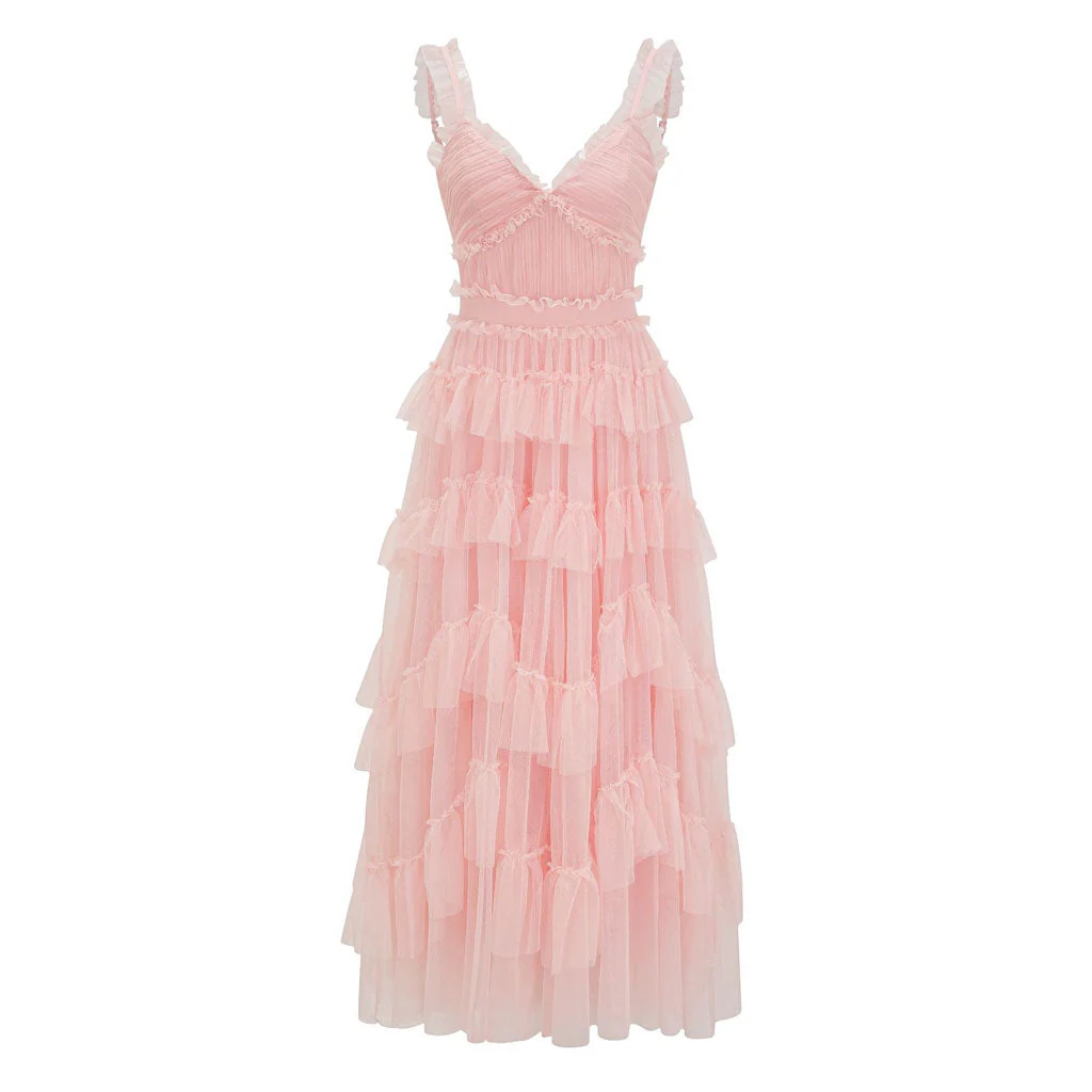 Fairy V Neck Suspender Strap Fit Waist Sleeveless Ruffle Tier Layered Maxi Dress - Image 8