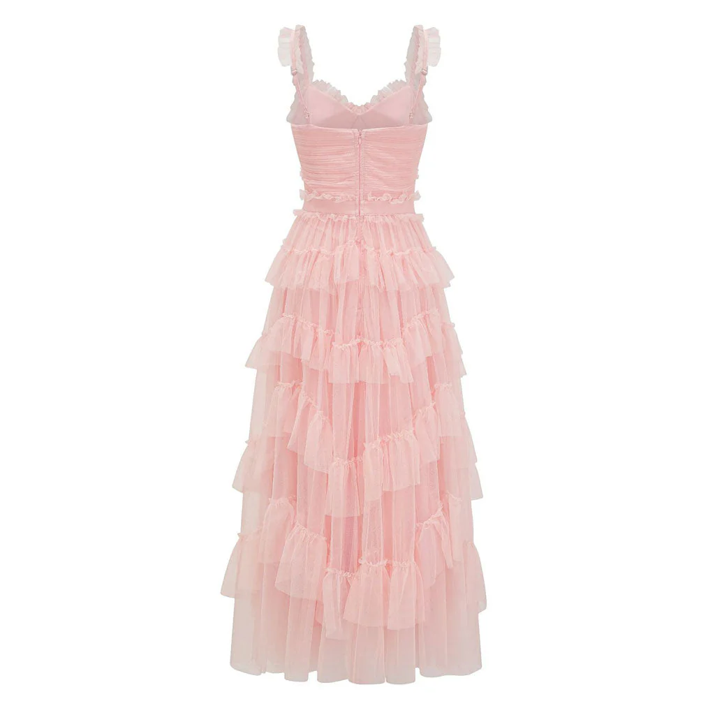 Fairy V Neck Suspender Strap Fit Waist Sleeveless Ruffle Tier Layered Maxi Dress - Image 9