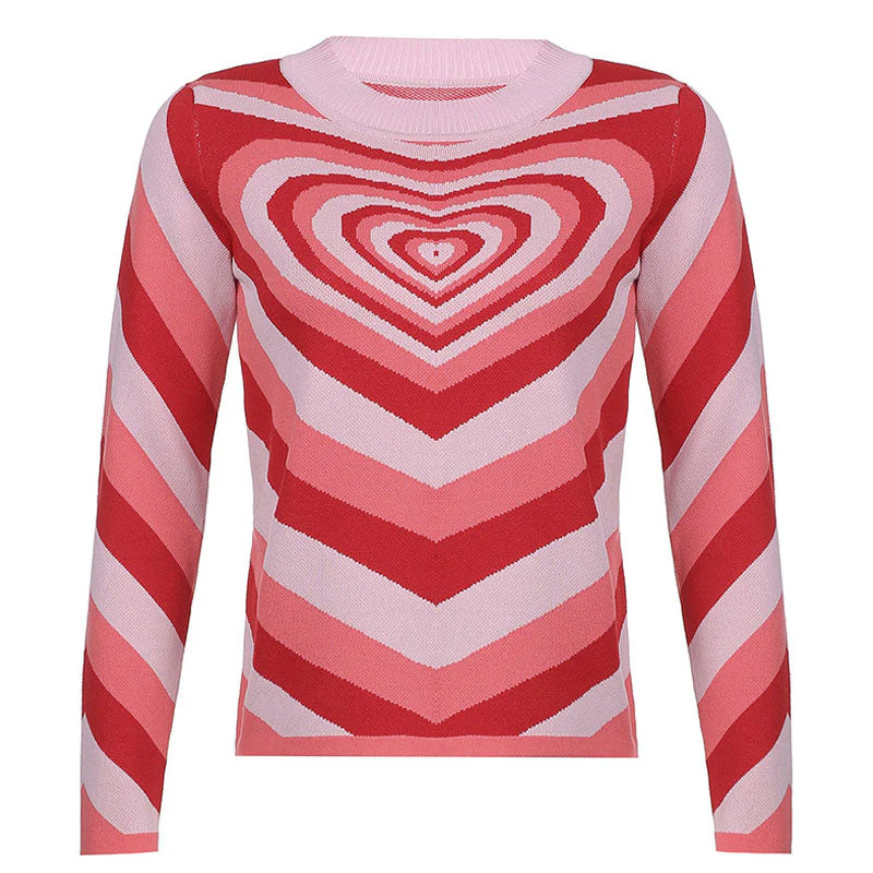 Fall in Love Heart Printed High Neck Pullover Sweater - Pink - Image 3