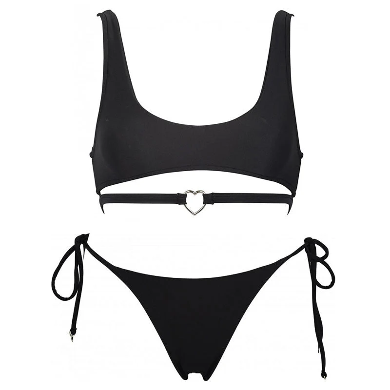 Fall in Love Metal Heart Tie String Bralette Bikini Set - Black - Image 3