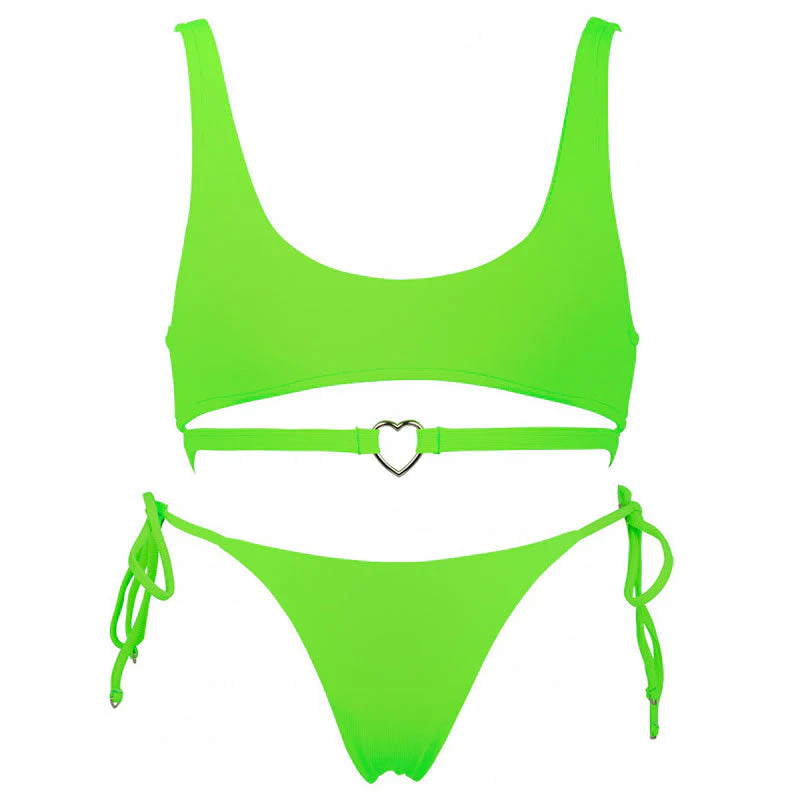 Fall in Love Metal Heart Tie String Bralette Bikini Set - Green - Image 3