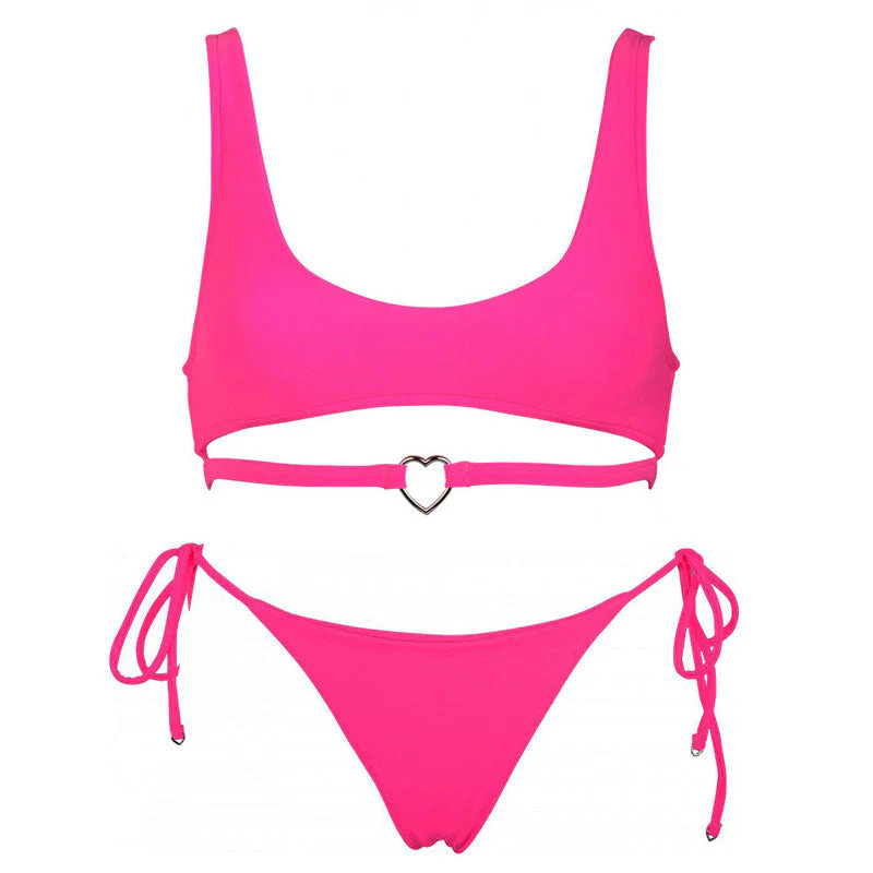 Fall in Love Metal Heart Tie String Bralette Bikini Set - Rose - Image 3