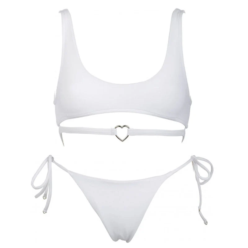 Fall in Love Metal Heart Tie String Bralette Bikini Set - White - Image 3