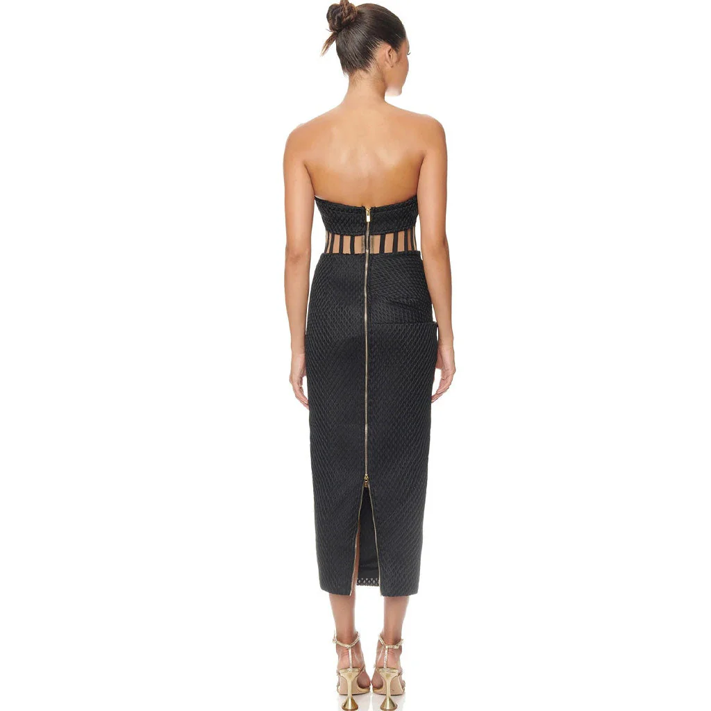 Fanciful Sweetheart Strapless Lattice Effect Corset Midi Dress - Black - Image 2