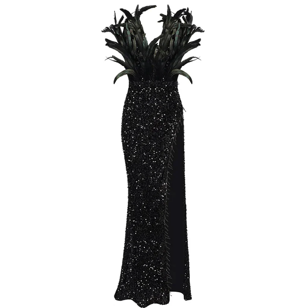 Fancy Faux Feather Trim Deep V Neck Mesh Panel Split Thigh Sequin Maxi Evening Dress - Image 2