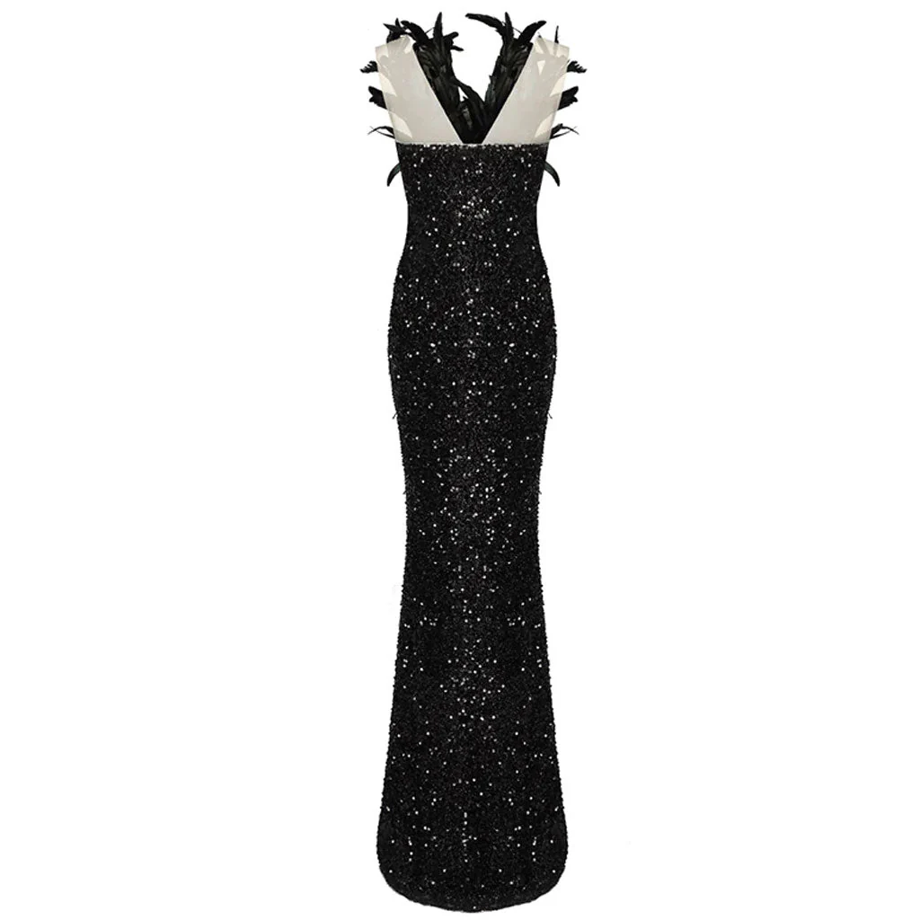 Fancy Faux Feather Trim Deep V Neck Mesh Panel Split Thigh Sequin Maxi Evening Dress - Image 3