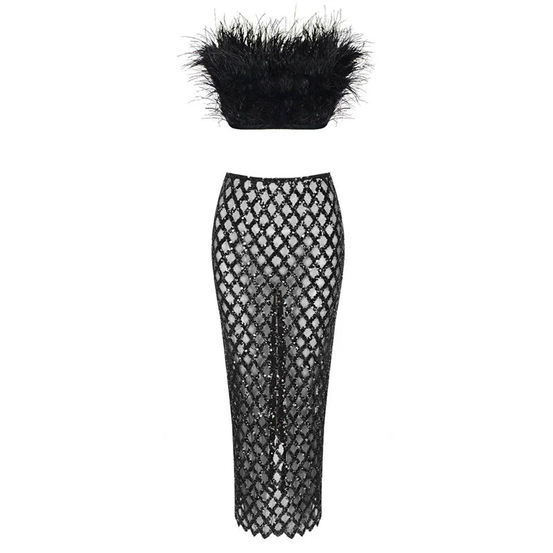 Fancy Faux Feather Trim Diamante Mesh High Rise Skirt Matching Set - Black - Image 5