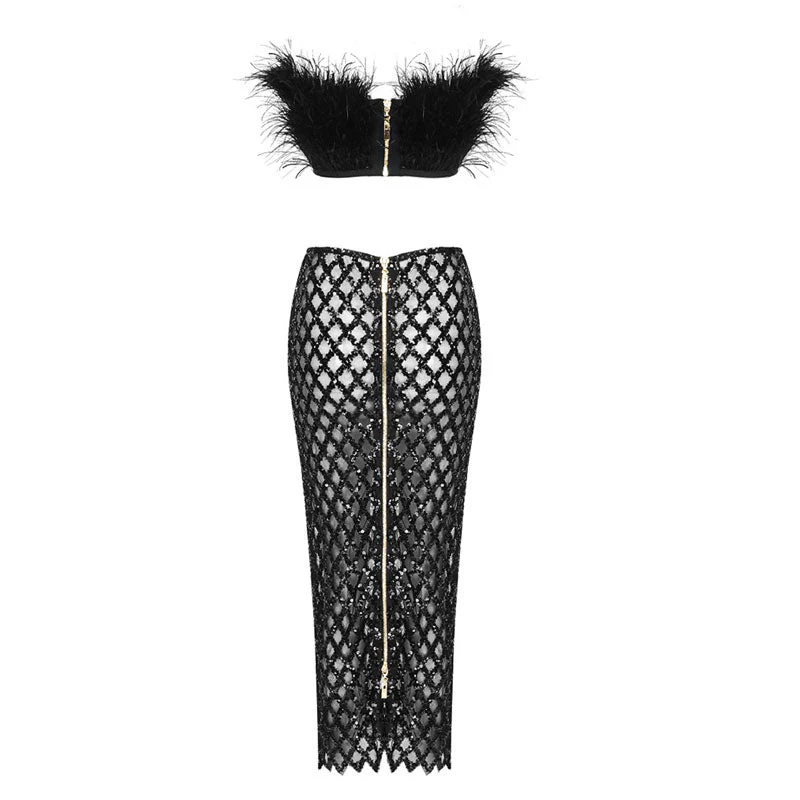 Fancy Faux Feather Trim Diamante Mesh High Rise Skirt Matching Set - Black - Image 6
