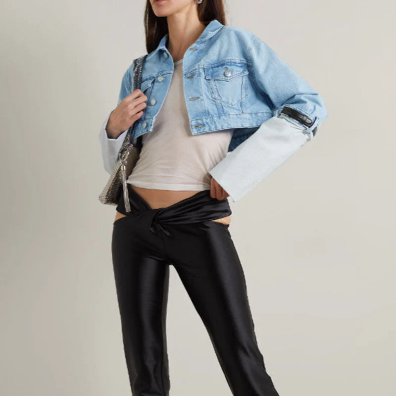 Forward Belted Turn Up Hybrid Long Sleeve Button Up Crop Denim Jacket - Image 2