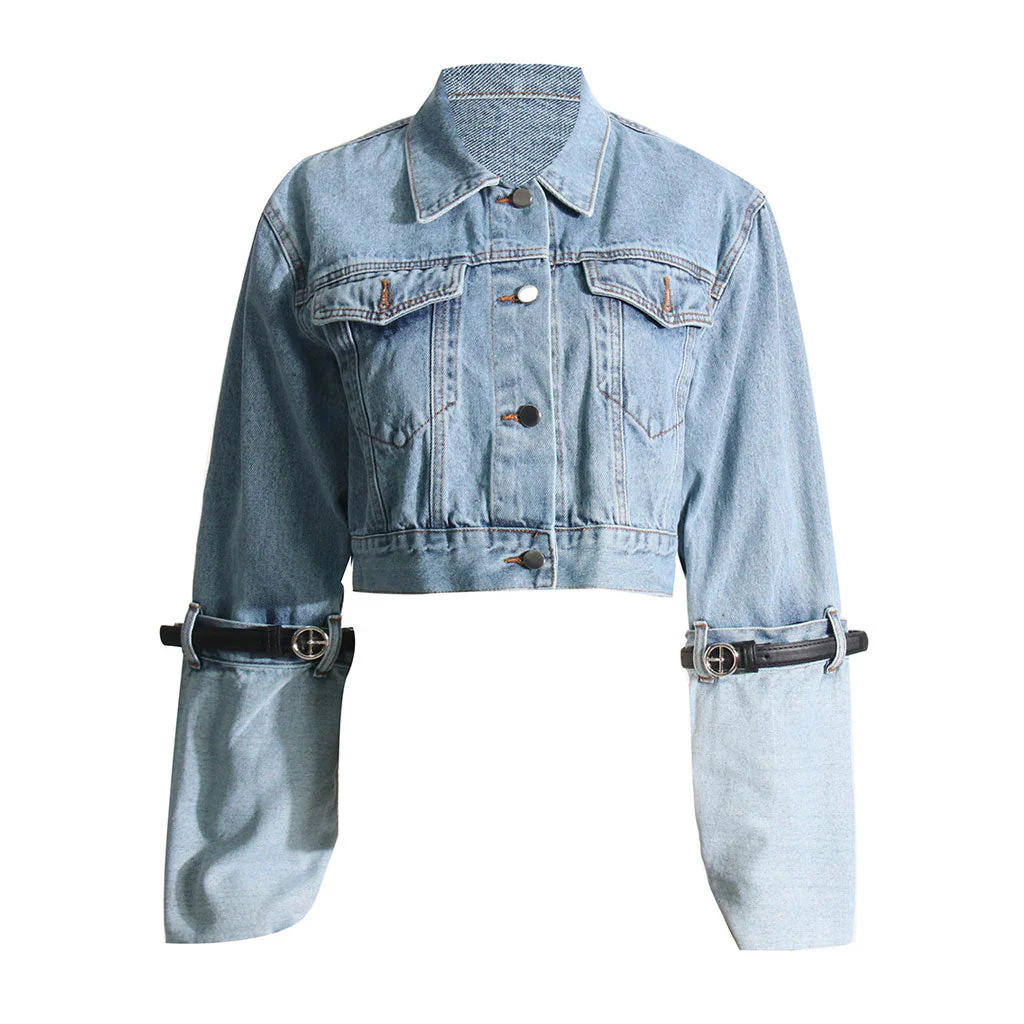 Forward Belted Turn Up Hybrid Long Sleeve Button Up Crop Denim Jacket - Image 3