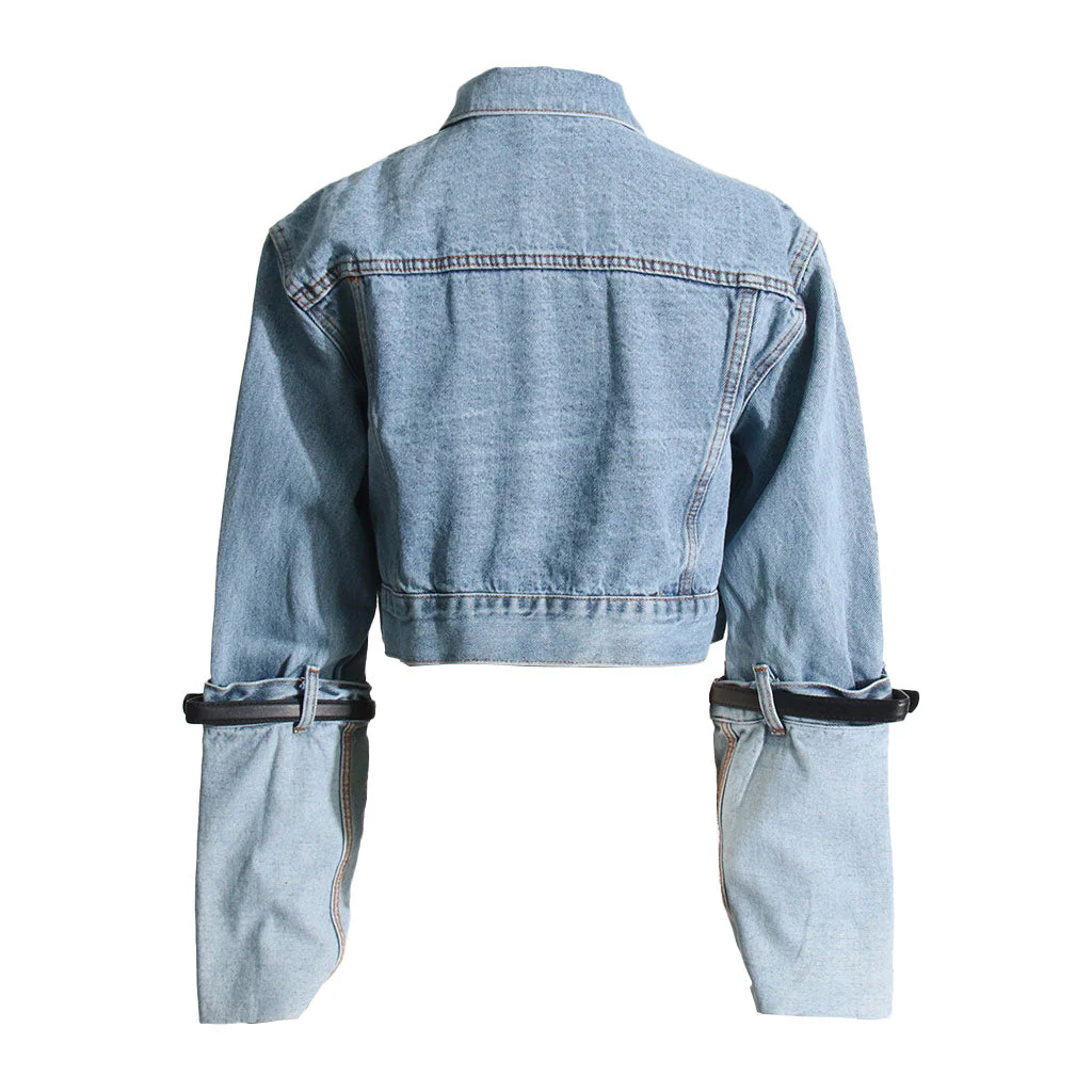 Forward Belted Turn Up Hybrid Long Sleeve Button Up Crop Denim Jacket - Image 4