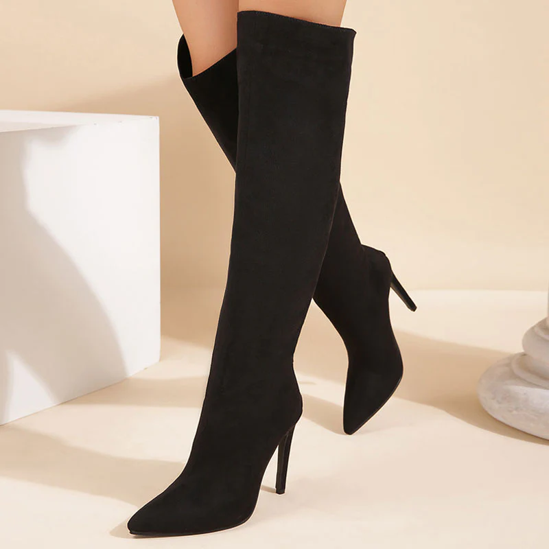 Fashionable Suede Pointed Toe High Heel Knee High Boots - Black - Image 2