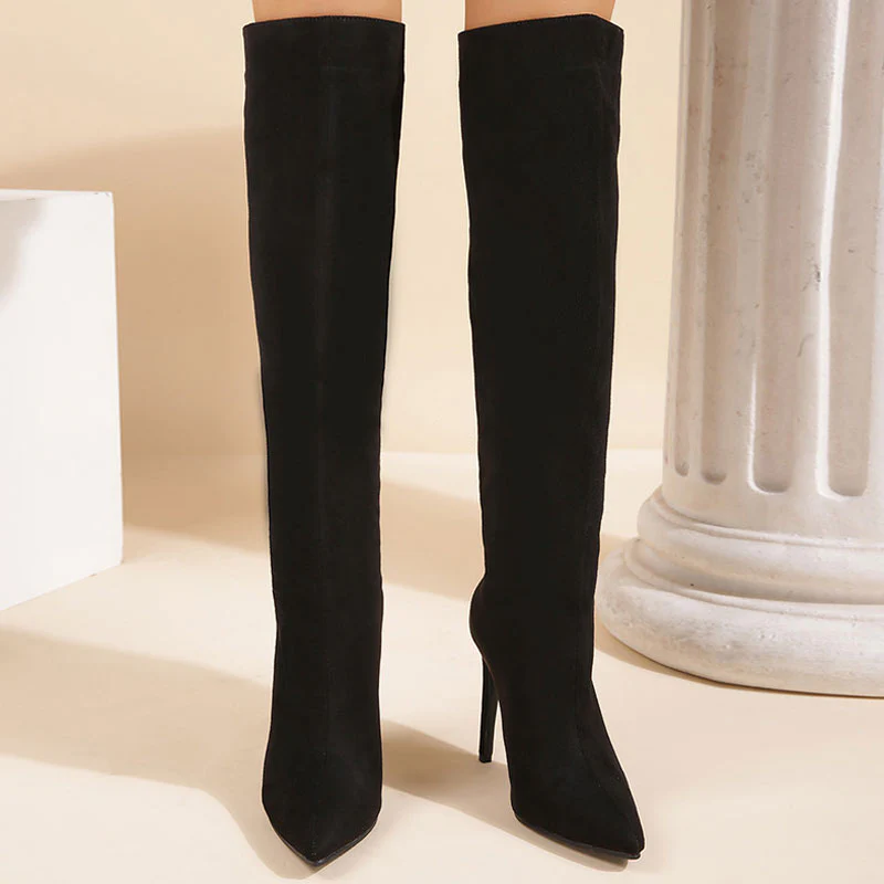 Fashionable Suede Pointed Toe High Heel Knee High Boots - Black - Image 4